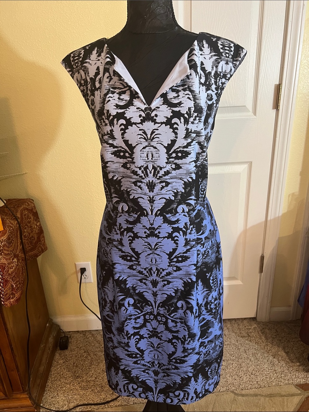 connected apparel Black and Periwinkle Damask Sheath Dress